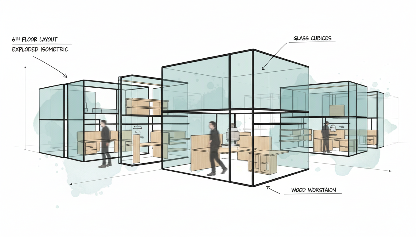 The space retains a strong Industrial/Brutalist envelope with exposed concrete ceilings, rough textures, and a polished concrete floor, maximizing the sense of volume. The intervention is intentionally light and highly contrasting: Transparency and Color: The cubicles are constructed from clear or lightly-tinted plexiglass (or glass) with slim, dark framing. The deliberate choice of a teal/aqua tint for the panels introduces a vibrant, ethereal glow, transforming the quality of light and creating an atmosphere of technological fluidity. Modularity and Lightness: The arrangement of the stacked and clustered cubes emphasizes modularity and non-permanence, suggesting flexibility and adaptability. The transparent partitions maintain visual connection across the entire floor, promoting an open flow of light and sight, while the enclosed volumes offer acoustic separation. Material Contrast: The contained office furniture—simple light wood desks and shelving—provides a warm, natural contrast to the cool, synthetic glow of the tinted plexiglass structures and the industrial roughness of the building shell.